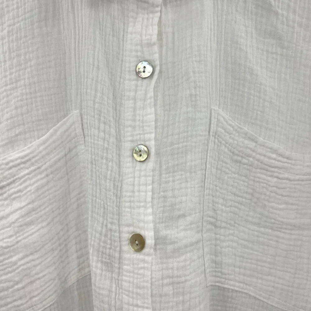Lisa Bayne White 100% Cotton Gauzey Lagenlook Button Front Blouse Women's Large - Picture 2 of 5